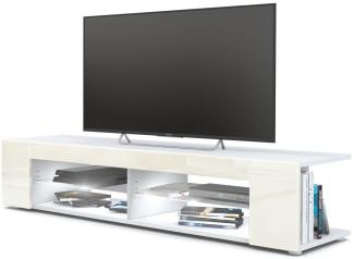 Vladon Lowboard Movie, TV-Kommode mit 4 offenen Fächern und Zierleisten, Weiß matt/Creme Hochglanz, inkl. LED-Beleuchtung weiß (134 x 29 x 39 cm)