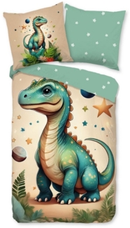 JACK Kinderbettwäsche 135x200cm, Dinosaurier Sterne Grün, Flanell, 2 teilig, mit beeindruckendem Dinosaurier im Sternenstaub