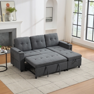 Merax 208cm großes Sofa, 3-sitzer-Schlafsofa, L-förmiges Sofa, Klappsofa mit verstecktem Stauraum, Ambiente-Sofa mit LED-Lichtleiste, Ecksofa Treviso, grau