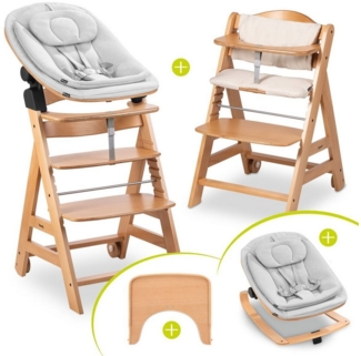 Hauck Hochstuhl Beta Plus Natural Newbornset Eco - Light Grey (Set), Holz Babystuhl ab Geburt mit Neugeborenensufsatz, Sitzkissen, Essbrett