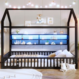 Merax Kinderbett 90x200cm Jugendbett Hausförmiges Plattformbett mit Zaun und LED-Beleuchtung, Schwarz