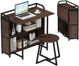 Schreibtisch klappbar mit Steckdose Klapptisch mit Hocker Computertisch mit Regalen & Metallrahmen 90 x 55 x 83 cm Braun