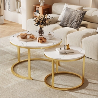 Hiazurm Couchtisch Couchtisch 2er Set mit Marmormuster, Beistelltisch (Satztisch für Wohnzimmer & Büro & Schlafzimme & Balkon, 2er Set), 70x45cm+50x40cm, Rund