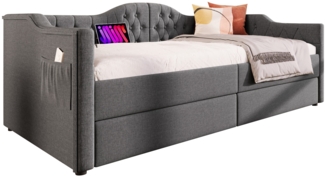 Polsterbett 90x200 cm mit Stauraum und USB Type-C, graues Leinen, Vintage Kopfteil，Grau