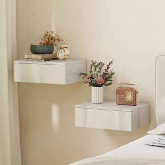 HOMCOM Nachttisch mit Schublade (schwebender Nachtschrank, 2-St, Nachtkästchen Wandmontage), für Schlafzimmer Wohnzimmer, 40 x 30 x 14 cm, Weiß