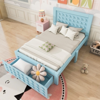 Merax Holzbett Einzelbett 90x200 cm, Kinderbett Jugendbett mit Kreativem Block Design, Massivholz Bettgestell, mit Schubladen, Blau