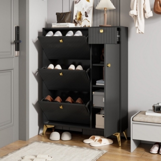 Flieks Schuhschrank mit 3 Klappen, 1 Schublade und 1 Tür (1-St, ca 10 Paar Schuhe) Schuhregal Schuhkipper Schuhkommode Schwarz, H121*B90* T25 cm