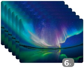 MuchoWow Platzset Nordlicht - Sternenhimmel - Reflexion, (6-St), Platzsets, Tischset, Abwaschbar, Tischsets, Platzdeckchen