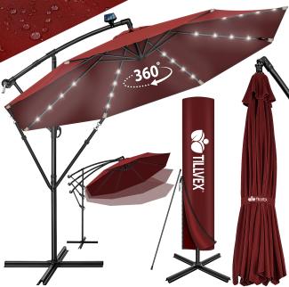 tillvex Alu Ampelschirm Rot LED Solar Ø 350 cm mit Kurbel | Sonnenschirm mit An-/Ausschalter | Gartenschirm UV-Schutz Aluminium | Kurbelschirm mit Ständer Marktschirm wasserdicht