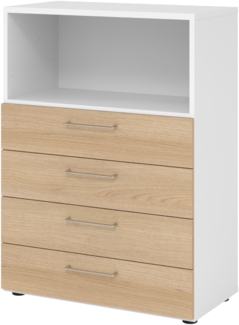 bümö smart Schubladenschrank, Büroschrank 80cm breit in Weiß/Eiche mit 4 Schüben & 1 Regalfach - Bürocontainer aus Holz, Container mit Metallgriffen & Soft-Stop Schubladen, 938S4-W-E-BS