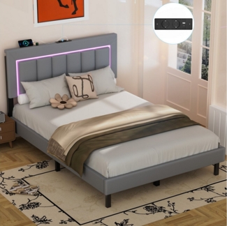 oyajia Polsterbett Polsterbett Doppelbett mit USB+Type C und LED-Beleuchtung (Jugendbett, Bettgestell), 90/140x 200 cm,Gepolstert,Kunstleder,mit Kopfteil und Lamellen