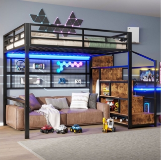 Merax Hochbett 140x200 cm mit LED-Beleuchtung (Doppelbett Jugendbett Kinderbett mit Metallrahmen, 1-St) Metallbett mit Stauraumleiter, Kleiderschrank & hängendem Gitter