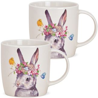 matches21 HOME & HOBBY Tasse Kaffeetassen 2er Set Ostern Frühling gemalte Oster-Hasen Eier, 2-tlg, Porzellan, Tee, Kaffee-Becher, klassisch, weiss bunt, 350 ml