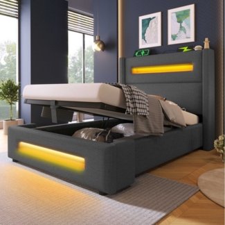 BlingBin Einzelbett Polsterbett Jugendbett (1-tlg, Jugendbett mit LED, hydraulischem Stauraum und USB Type-C Aufladen), 90x200 cm, mit Holzlatten, Leinen, ohne Matratze