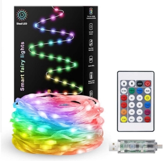 Rosnek LED-Lichterkette 10/20M, Smart, RGB, Wasserdicht, DIY Farbe, Musiksyn, für Weihnachten, App/Fernbedienung, USB, Schlafzimmer Vorhang Party Deko