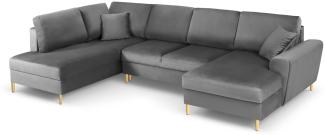 Micadoni 7-Sitzer Samtstoff Panorama Sofa Links mit Box und Schlaffunktion Moghan | Bezug Light Grey | Beinfarbe Gold Me...