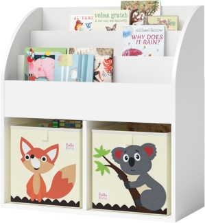 Bellabino 'Koro' Kinderregal, weiß, mit 3 Fächern für Bücher und 2 Fächern für Boxen, inkl. 2 Faltboxen (Fuchs/Koala)