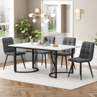 Essgruppe (5-tlg), Esstisch mit 4 Stühlen Set, moderner Küchentisch-Set, 140×80 cm Küchentisch mit schwarzen Metallbeinen, MDF-Tischplatte in Weiß, dunkelgraue Samt-Esszimmerstühle