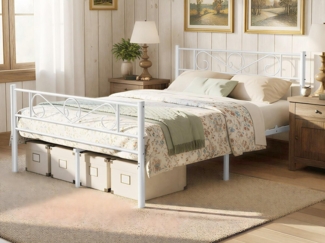 VASAGLE Bett 140 x 200 cm, Gästebett, Doppelbett aus Metall, Bettgestell, Bettrahmen, Metallbett, einfache Montage, mattweiß