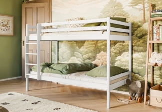 Kids Collective Hochbett Kinderbett 90x200 cm Bett mit Lattenrost Bed Kinder mit Rausfallschutz Etagenbett, weiß Funktionsbett, aus Vollholz massiv mit Matratze