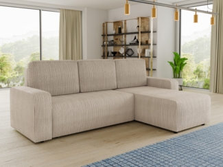 Sofnet Ecksofa 'Roma L' mit Schlaffunktion und Bettkasten, Cord Stoff Beige, 236 x 150 x 90 cm