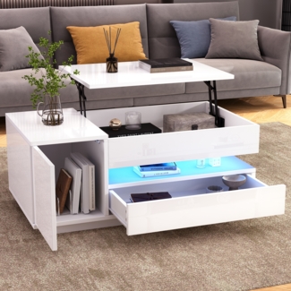 Merax anhebbarer Couchtisch, Wohnzimmertisch, Beistelltisch, kaffeetisch mit 1 Schublade,1 Schrank, Sofatisch mit LED, Hochglanz-teetisch mit verstecktem Stauraum, mit halboffenem Stauraum, Weiß