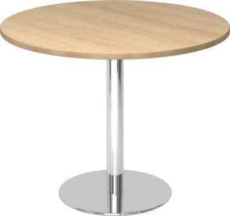 bümö Besprechungstisch, Esstisch klein, Tisch rund 100 cm - kleiner Esstisch Eiche, Rundtisch Esstisch 2 Personen mit Holz-Platte, Säule aus Metall verchromt, Konferenztisch, Bistrotisch, STF10-E-C