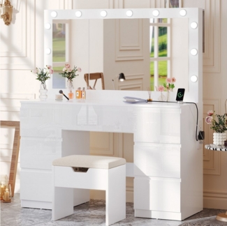 Furnicopia Schminktisch mit 7 Schubladen mit 2 Steckdosen 1 USB-Anschluss 1 Tycp-Anschluss (Größe 120*40*140cm Großer Spiegel 106cm Eingebautes Schmuckkabinett LED-Lichter Einstellbare Farbtemperatur und Helligkeit)