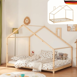 DELUKE® Kinderbett 120x200 LUKI - mit Matratze Lattenrost Haus-Optik Kiefernholz Einzelbett aus Holz Hausbett Kinderzimmer Bodenbett Montessori Bett Braun