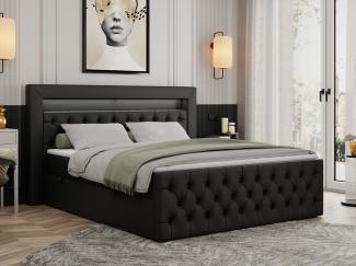 Boxspringbett, Stauraumbett mit Bettkasten, LED - GOLD-9 - 200x200 cm - Schwarz Kunstleder - H4