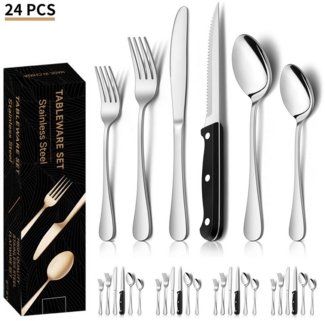 BRAIDOL Besteck-Set Besteck Set für 4 Personen,24teiliges Edelstahl Essbesteck&Steakmesser, 4 Personen, Elegantes/Modernes Besteckset,Besteck Set für Restaurant,Hotel,Zuhause