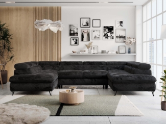 Ecksofa U-Form, mit Bettkasten, Bettfunktion und Einstellbare Kopfstützen, Sofa big XXL - PETER U - Schwarz Plüsch