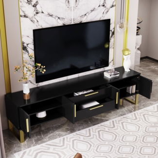 TV Lowboard 170 cm Hochglanz Schwarz Gold - Luxus Fernsehschrank mit Schnitzereien, Schubladen, goldene Füße Sideboard