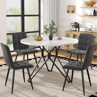 HAUSS SPOLE Essgruppe 5-tlg mit 4 Stühlen, Runder Küchentisch mit schwarzen Metallbeinen, (Modernes 5-teiliges Esstisch-Set – Runder Tisch (100 cm Durchmesser) mit MDF-Marmor-Tischplatte, Schwarze Metallbeine, 4 graue Samt-Stühle, 5-tlg)