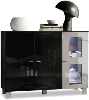 Vladon Sideboard Denjo, Kommode mit 3 Türen, Schwarz matt/Schwarz Hochglanz/Sandgrau Hochglanz, inkl. LED-Beleuchtung (107 x 81 x 35 cm)