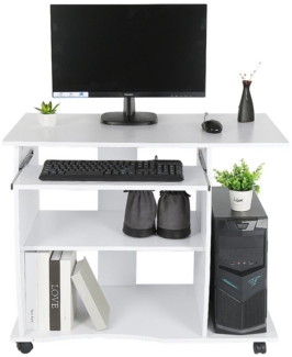 JEOBEST Computertisch Laptoptisch, Schreibtisch, 90 x 75 x 50 cm mit Tastaturauszug, PC Tisch auf feststellbaren Rollen, Towerfach