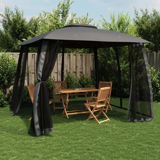 Gartenpavillon, Pavillon mit Doppeldach & Netzwänden Anthrazit 2,93x2,93 m Stahl