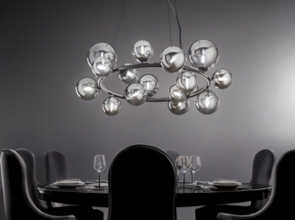 Große LED Pendelleuchte 16-flammig Schwarz-Glaskugeln Rauchglas, Ø 82cm