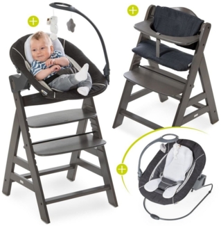 Hauck Hochstuhl Alpha Plus Charcoal - Newborn Set Deluxe (Set, 4 St), Holz Babystuhl ab Geburt inkl. Aufsatz für Neugeborene & Sitzauflage