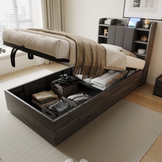 REDOM Stauraumbett Hydraulisches Holzbett, Mit USB- & Tape-C-Steckdose (Verstecktem Stauraum und Ablagefächern im Kopfteil, Multifunktionales Kinderbett Funktionsbett 90x200 cm), ohne Matratze