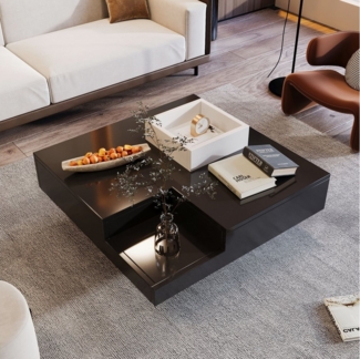 BlingBin Couchtisch Beistelltisch mit Abnehmbarer Aufbewahrungsbox, Mit LED-Lichteffekt (1er Set, 1-St, 72*72*30 cm, Produktladung: 30KG), Hochglanz-Wohnzimmertisch, Farbblockweiß und Schwarz