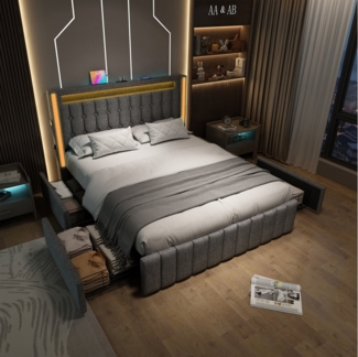 Flieks Polsterbett, LED Beleuchtung Doppelbett 160x200cm mit Ladefunktion und 4 Schubladen
