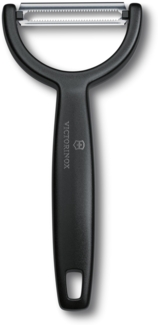 Victorinox Sparschäler "Ypso", Schäler für Gemüse, Obst, Zackenschliff, Zweischneidig, Extra Scharf, Swiss Made, schwarz