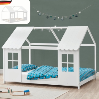 DELUKE® Kinderbett 140x200 GELO - mit Lattenrost Rausfallschutz Haus-OptikEinzelbett aus Holz Hausbett Kinderzimmer Montessori Bett Weiß