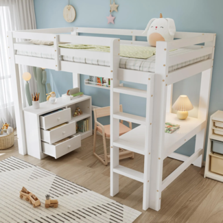 Hochbett mit Schreibtisch, Schubladenschrank, Rausfallschutz und Leiter, 90x200cm, Kinderbett, Jugendbett, Kiefer