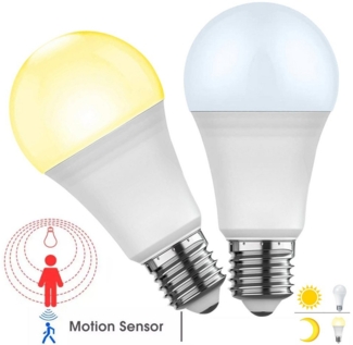 Jibenhome LED-Leuchtmittel E27 Glühbirne mit Bewegungsmelder Dämmerungssensor, 12W Birne Lampe, 1 St, Warmweiß/Weiß, Warmweiß/Weiß Automatisch Auf Aus Licht für Treppen Toiletten Balkon