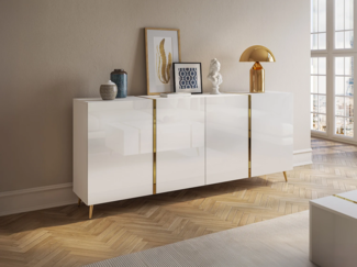 Vente-unique - Sideboard mit 4 Türen - 200 cm - Hochglanz Weiß & Gold - MARZIALO