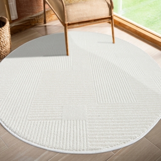 Teppich Rund Kurzflor Creme 160x160cm Geometrisch Gestreifte Muster mit Hoch-Tief-Effekt, 3D Effekt, Weich