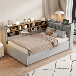 Celya Polsterbett Schlafsofa 90*200 cm, Mit Hydraulischem Stauraum (Multifunktionsbett, Samtstoff, Mit Nachtlicht, USB- und Typ-C-Ladeanschluss), Mit Ablagen und Staufächern, Gepolstertes Kopfteil