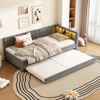 Schlafsofa mit LED-Beleuchtung und Gästebett, Polsterbett mit Lattenrost, Regal und Mehrfachsteckdose, 90x200 cm, Einzelbett, Leinen